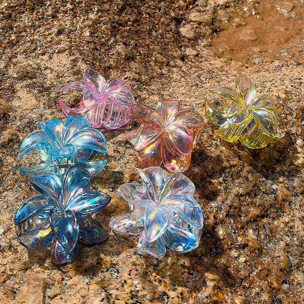 6pc Large Iridescent Transparent Frangipani claw clips