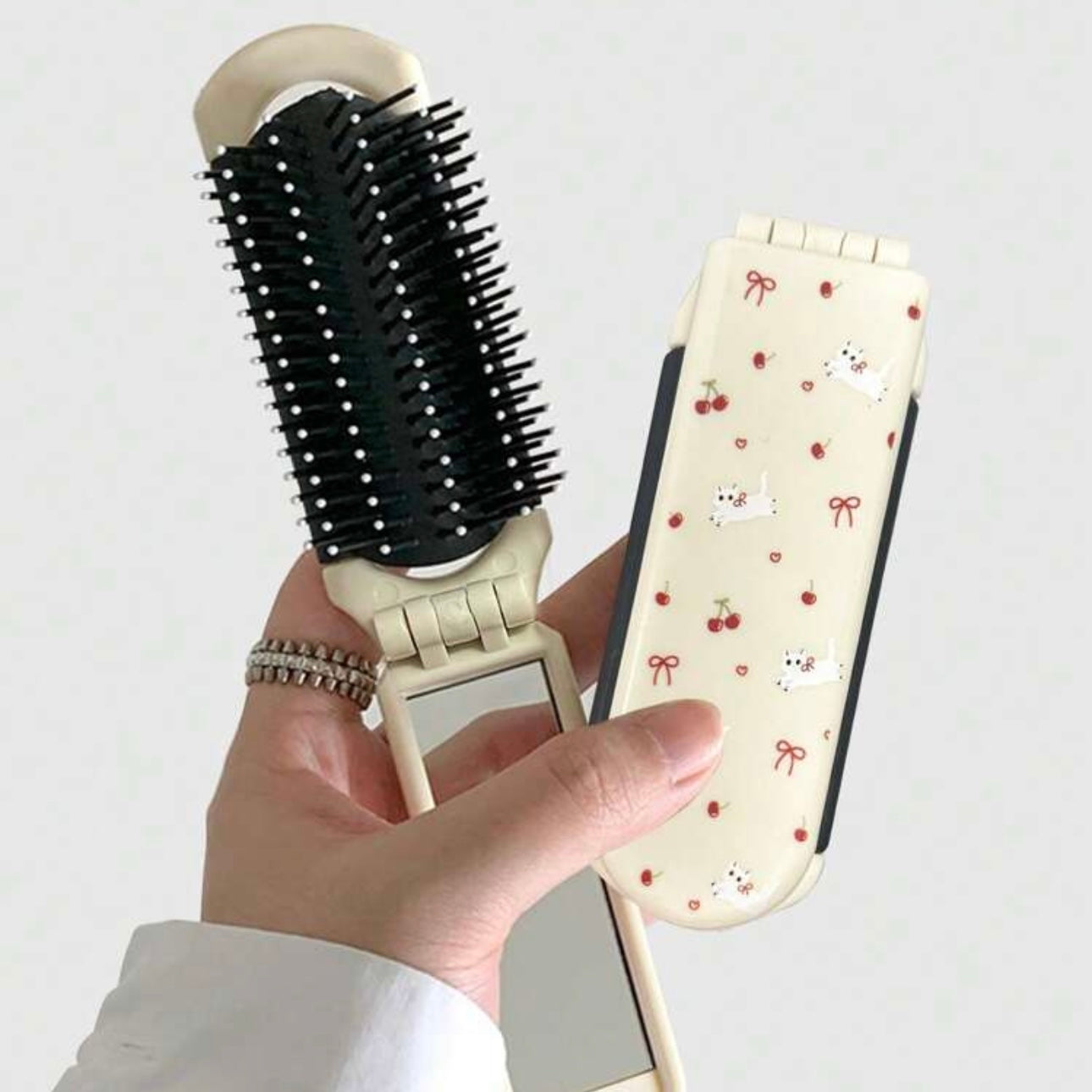Cherry cat foldable hairbrush with mirror